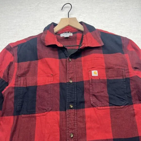Carhartt Flannel Fleece-Lined Jacket Red Checkered Plaid Padded L Large Outdoors - Picture 2 of 12